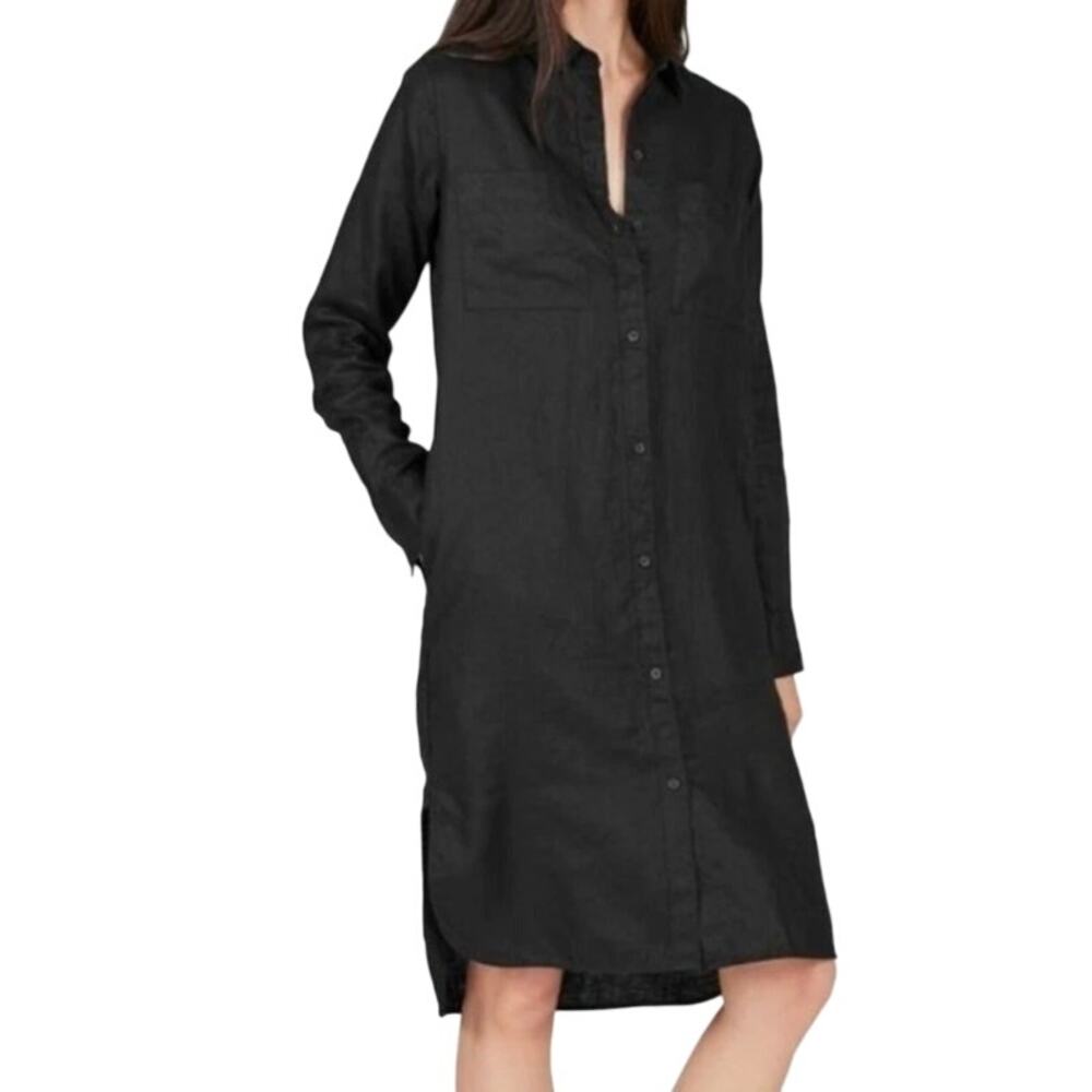 Everlane 100% Linen Shirtdress Black Size 2 Long Sleeve Minimalist Shirt Dress